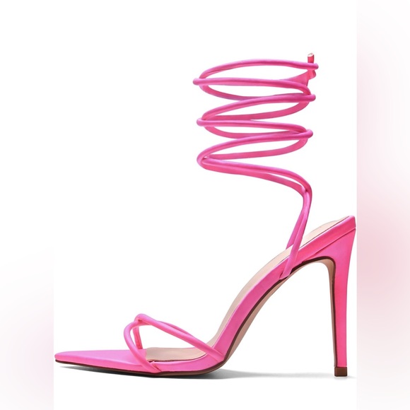 Elisabet Tang Fluorescent Pink 4.3” High Stilettos Sandals, Sexy Strappy  8.5 - Picture 4 of 12